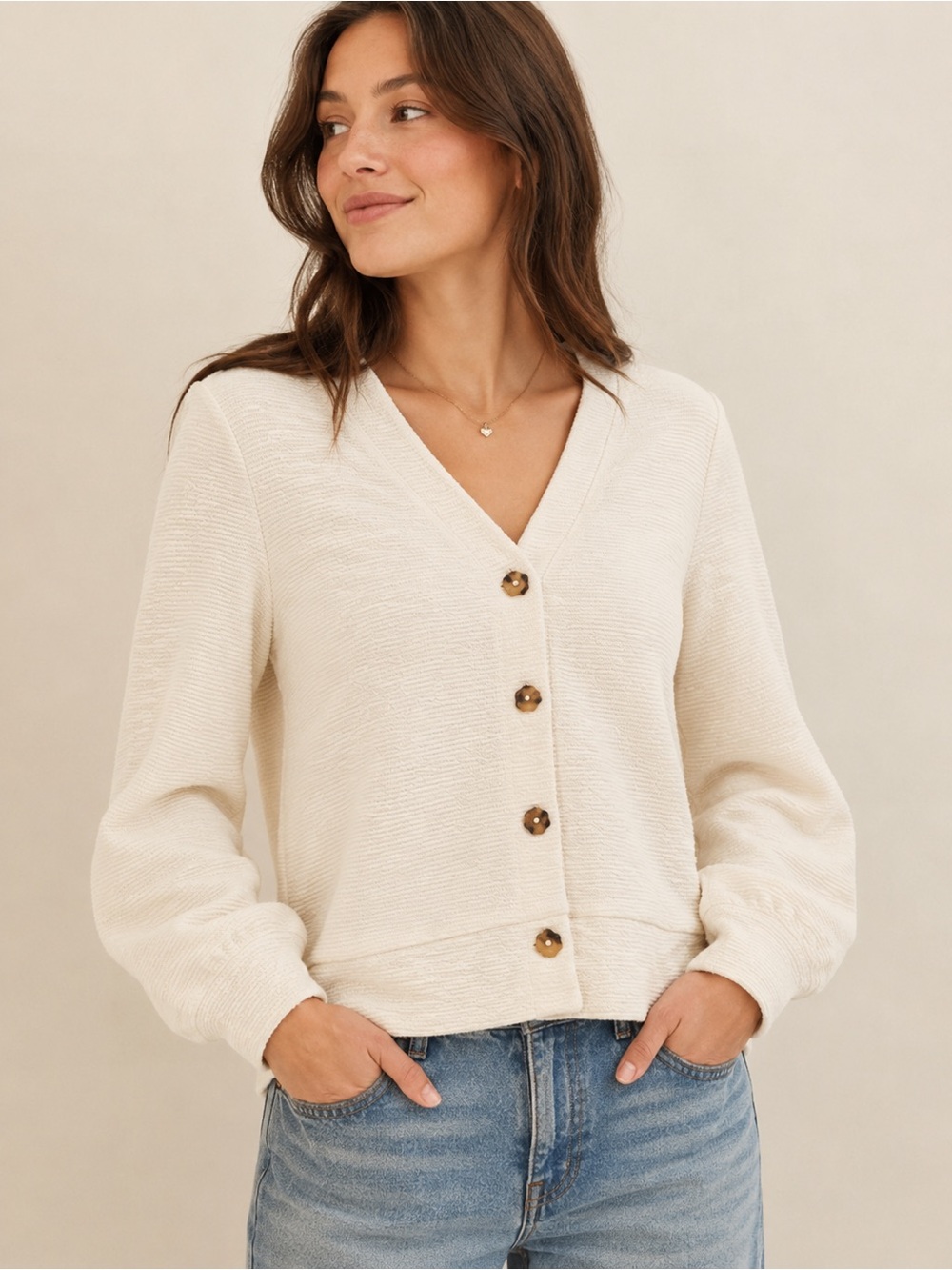 Madewell Ivory Textured Button Front Cardigan Sweater